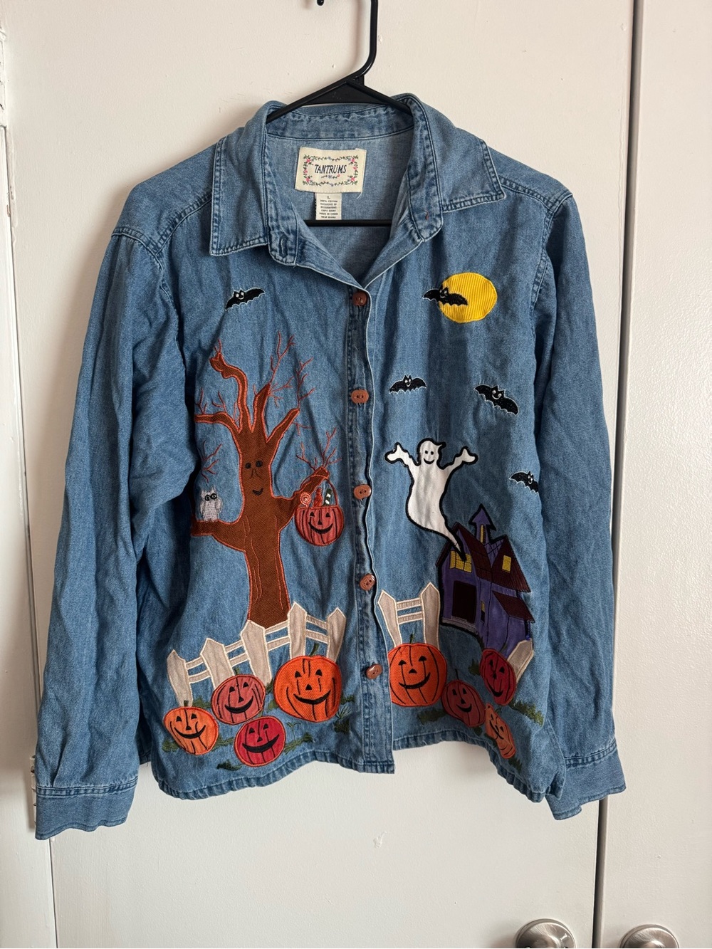 Tantrums Blue Denim Vintage Halloween Embroidered Button up